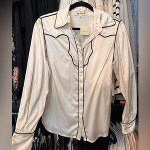 NWT Free People x Nigel Preston Silk Western Blouse Ivory Black Piping Size S